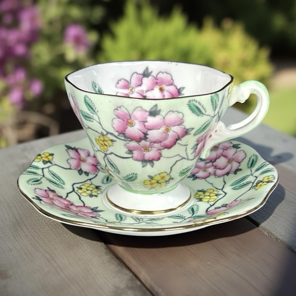 Vintage Foley‎ Bone China Springdale Green Floral Tea Cup & Saucer Set England